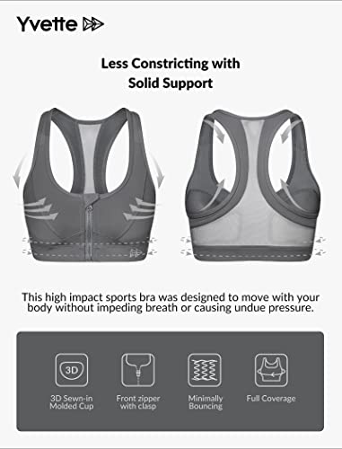 Yvette Zip Front Sports Bra - High Impact Sports Bras For Women Plus Size Workout Fitness Running,Grey #TOP6