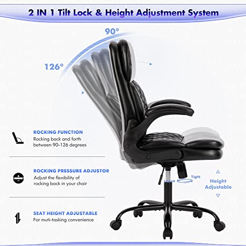 Colamy Office Chair High Back Executive Computer Chair-Ergonomic Home Office Chair With Padded Flip-Up Arms, Adjustable Height And Tilt Lock, Swivel Task Chair With Thick Leather For Comfort, Black #TOP6