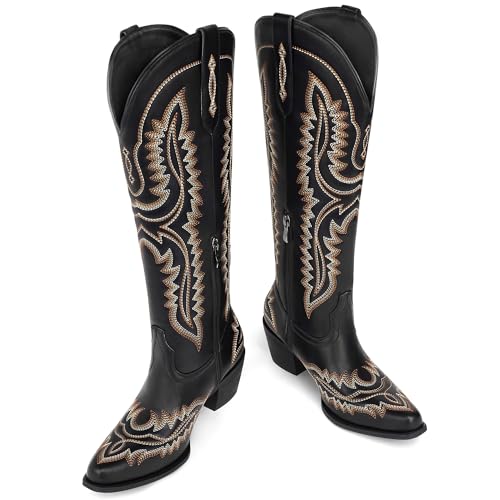 MUCCCUTE Cowboy Boots for Women Cowgirl Boots Western Knee High Pointed Toe with Classic Embroidery Side Zipper Chunky Heel Pull On Retro Country Tall Boot4