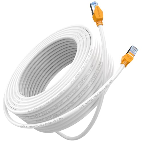MUKSIRON Cat 8 Ethernet Cable 150 ft White, Multiple Size Options, Heavy Duty High Speed 40Gbps 2000Mhz Shielded with RJ45 Connector, Indoor&Outdoor Internet Network Cables for Router Modem, 150FT