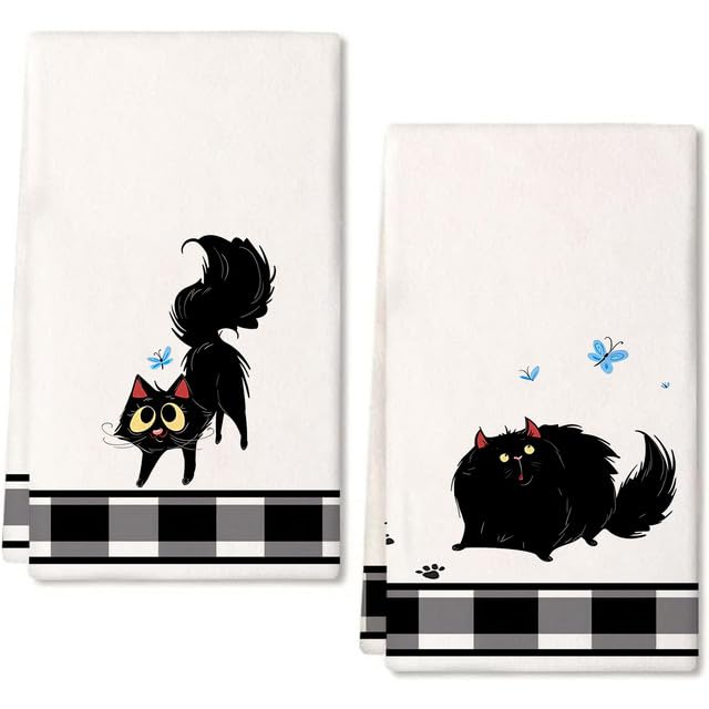 Horienteeon Funny Black Cat Kitchen Towels Dish Towels Set of 2, Black Buffalo Plaid Cats and Butterflies Tea Towels, Cat Theme Hand Towels, Perfect for Cat Lovers Housewarming Gifts 60×40cm
