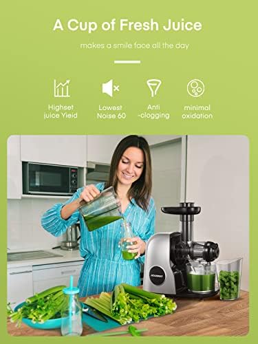 Juicer Machines, HOUSNAT Cold Press Juicer Easy to Clean, Professional Slow Masticating Juice Extractor with Quiet Motor and Reverse Function for Soft/Hard Fruit and Vegetable, Brush & Recipes, White