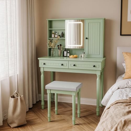 Scurrty Vintage Vanity Table Set with Stool, Color-Changing LED Mirror & Storage Organizer, Classic Wooden Dressing Makeup Desk for Bedroom (Green)