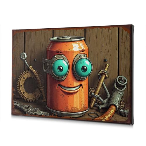 Canette de soda souriante avec yeux mécaniques sur toile