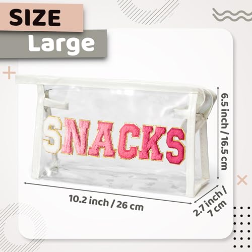 Y1tvei Large Clear SNACKS Pouch - Preppy Patch Rose Red Chenille Varsity Letter PVC Transparent Extra Large Cosmetic Makeup Bag Portable Waterproof Travel Organizer Toiletry Bag for Women(White)3