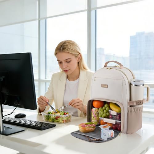 Image of LOVEVOOK Lunch Backpack with Lunch Compartment,17 Inch Laptop Work Travel Insulated Cooler Backpack Purse,Waterproof College Teacher Lunch Bag Box with Tumbler Holder,Gifts for Men Women,Beige-Khaki