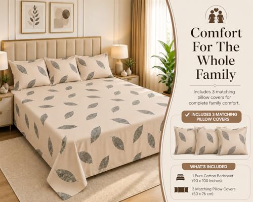 Image of 100% Pure Cotton King Size Bedsheet with 3 Pillow Covers | Family Size 90 x 100 Inches | Soft & Breathable Cotton Bedsheet fits Double Bed, Queen Bed, King Bed | Beige Leaf Print