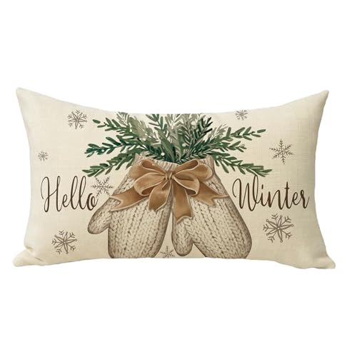 Hello Winter Mitten Lumbar Decorative Throw Pillow Cover 12 x 20,...