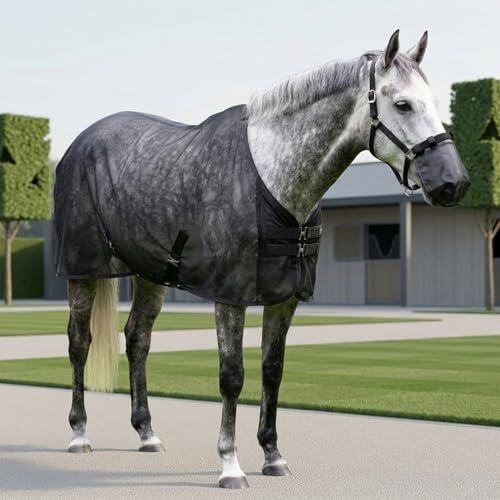 Manta antimoscas de malla negra de 187 cm con cubre nariz para caballos 5