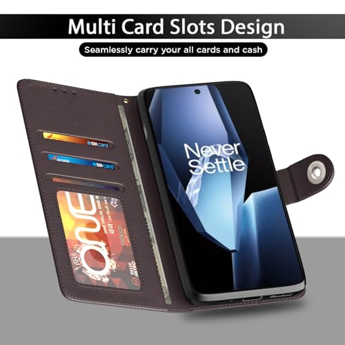 Image of Pikkme Flip Cover Leather Finish | Inside TPU with Card Pockets | Wallet Stand and Shock Proof | Complete Protection Button Flip Case for OnePlus 13R 5G(Coffee)