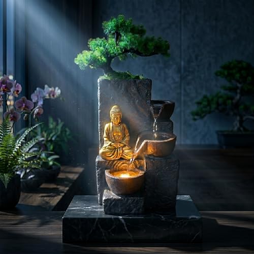 Image of Buddha Water Fountain Indoor Home Decor 1.5 Foot Artificial Plants with Pot & Indoor Plant Pot Planters for Home Decor Good Luck Vastu Desk Decor Items Showpieces for Living Room Office Table Gift