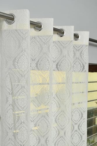 Image of Fabrilia Polyester Sheer Net Damask Design Semi Transparent Eyelet Door Curtains 7 feet Long Set of 2- Cream