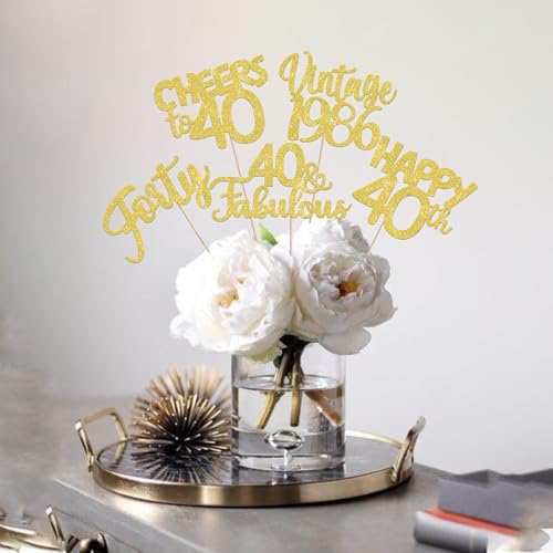 Image of 15 PCS 40th Birthday Centerpiece Sticks Double Sided Forty Happy 40th Vintage 1986 Table Flower Centerpieces Sticks Cheers to 40 Fabulous Floral Decorations for 40th Birthday Party Supplies Gold