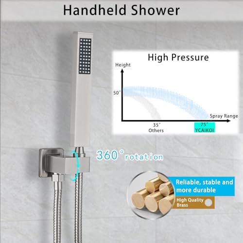 Image of Brushed Nickel Shower System YCAIKOI Wall Mount Shower Faucet Set for Bathroom 10 Inch High Pressure Luxury Shower Head with Handheld, Rough-in Valve Body and Trim Included