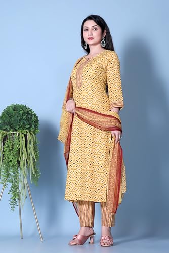 Tadkee Women's Cotton Blend Geometric Regular Kurta Set (Fn-Kurta-Set-Dupatta-136-Yellow-M_Yellow