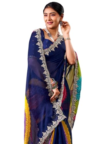 Image of SIRIL Women's Chiffon Bandhani Printed Saree, Sequence Embroidery Border