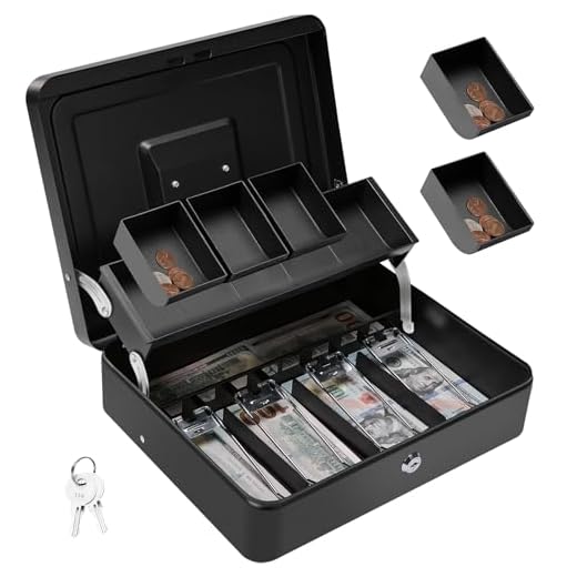 Polspag Cash Box with Lock and 2 Keys, Metal Money Box with Cash Tray, Portable Lock Safe Box, 4 Bill/5 Coin Slots, Large Cash Boxes with Money Tray for Small Business 11.8 x 9.5 x 3.5 Inch, Black