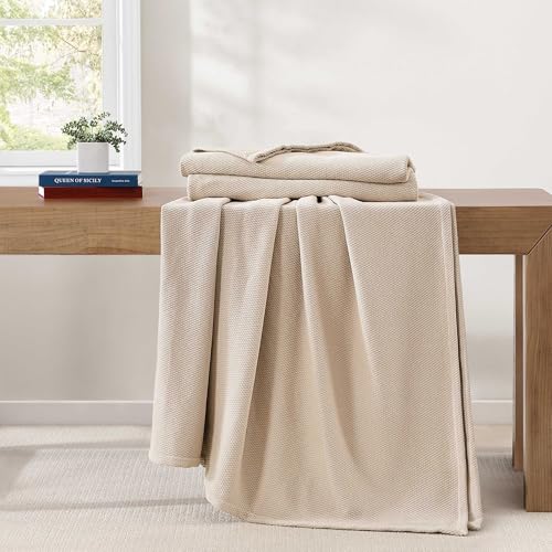 Image of Tommy Hilfiger - Queen Cotton Blanket, Textured Pique Weave Bedding, Medium Weight Soft Blanket, Anti-Pilling & Fade Resistant, Ideal for Layering, Oeko-TEX Certified (Beige)