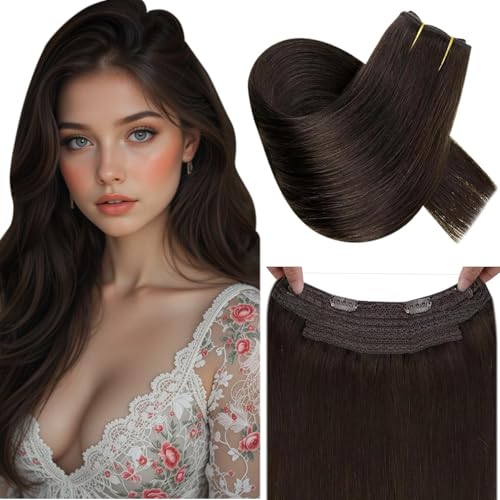 Extensiones con hilo invisible de pelo natural marrón oscuro de 20 pulgadas y 100g