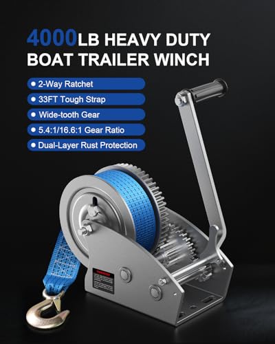 image for ZOMIYU 4000lb Boat Trailer Winch with Strap, 2-Way Ratchet 5.4:1/16.6:
