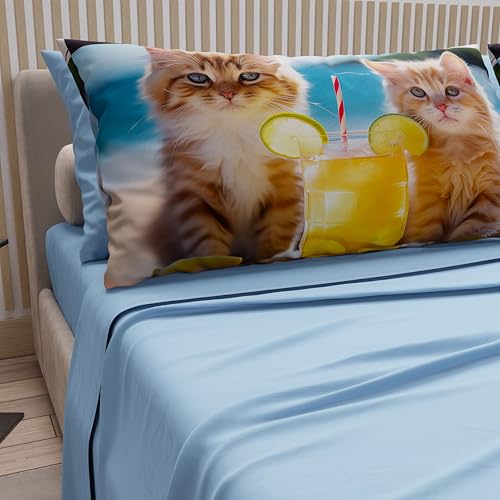 PETTI Artigiani Italiani - Parure de lit pour Animaux avec Chats en Coton avec taies d'oreiller en Impression numérique, draps Doubles Maxi, Parure de lit Double Bleu...