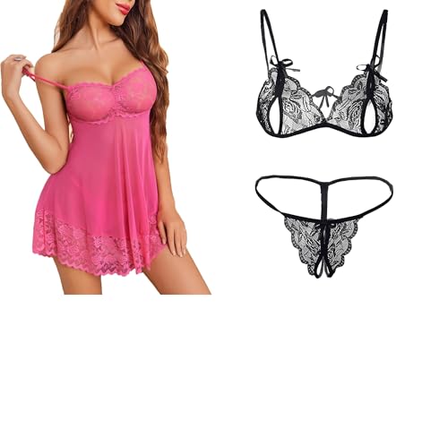 Image of SSoShHub Lace Babydoll Lingerie Sexy Mini Chemise Mesh Wedding Nightie Bridal Nightdress with Bikini