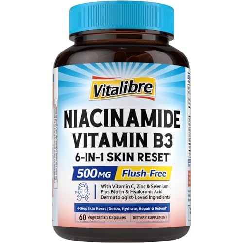 Niacinamide Vitamin B3 Niacin 500mg No Flush Niacin Supplement, 6-in-1 Skin Reset Formula w/VC Zinc...