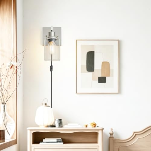 Image of Plug in Wall Sconces Set of 2, Modern Corded Wall Sconce, Bedroom Wall Sconces with Clear Glass, Wall Decor Set of 2 Brushed Nickel Wall Lamps for Bedroom Living Room
