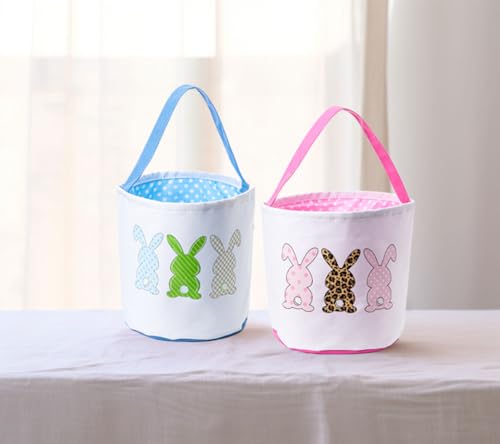 Image of Canvas Easter Basket Easter Bucket for Egg Hunts Easter Eggs Easter gifts Easter Treats (Pink Style 2)