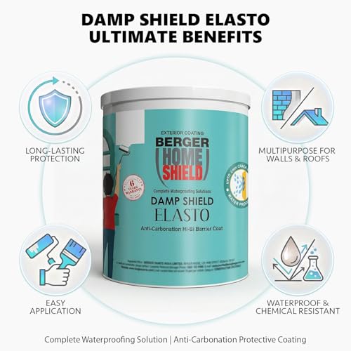 Image of BERGER HomeShield Dampstop Elasto Waterproofing Membrane Damp Proof Basecoat for Exterior Walls Self Priming Anti-Carbonation Solution (1L, White)