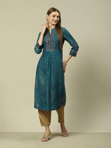 Image of Rangriti Teal Blue Viscose Straight Printed Kurta for Women
