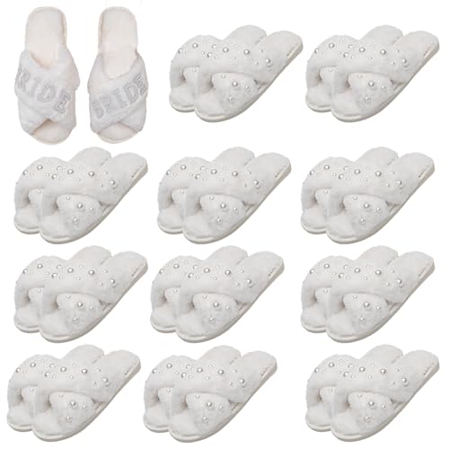 12 Pairs Bridesmaid Slippers Bulk, Women's Fuzzy Slippers Bulk, Cross Band Open Toe Bridesmaid Slipper Plush Furry Slipper for Wedding Bachelorette Party