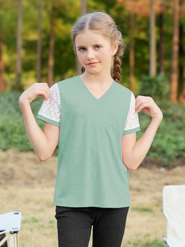 Image of GORLYA Girls Lace Sheer Sleeve Contrast T-Shirt Short Sleeve V Neck Casual Modest Tee Tops for 6-16Y