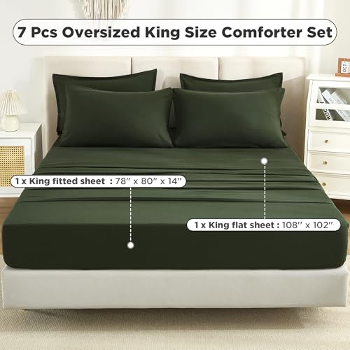 Image of Litanika Oversized King Comforter Sets Olive Green - 7 Pieces Bed in a Bag Oversized King Bedding Comforter Sets, Solid Lightweight Bed Set with Comforter, Sheets, Pillowcases & Shams