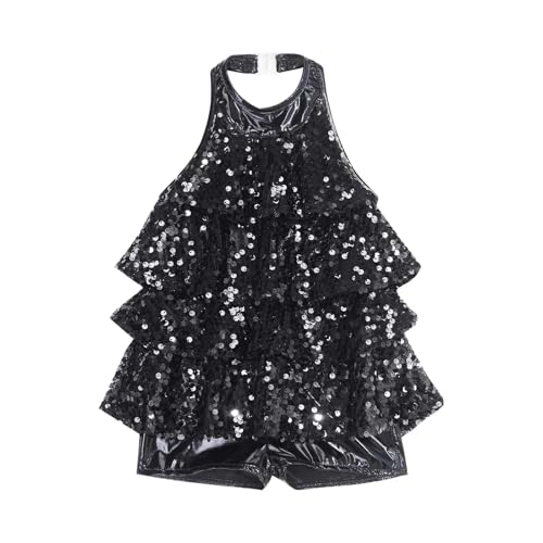 Maillot Gimnasia Ritmica Mujer Traje de baile latino de jazz moderno for niñas, traje de leotardo corto con lentejuelas brillantes y cuello halter, ropa de actuación escénica, ropa de baile(Black,4)