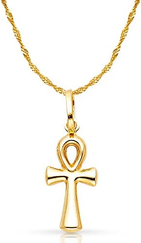 Ioka 14K Yellow Gold Egyptian Ankh Cross Charm Pendant with 0.9mm Singapore Chain Necklace - 20"