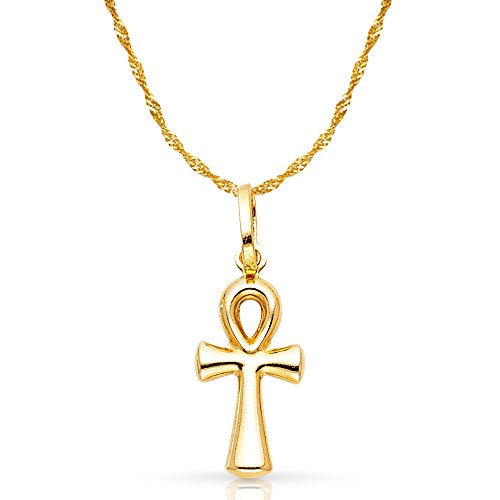 14K Yellow Gold Egyptian Ankh Cross Charm Pendant with 0.9mm Singapore Chain Necklace - 20 