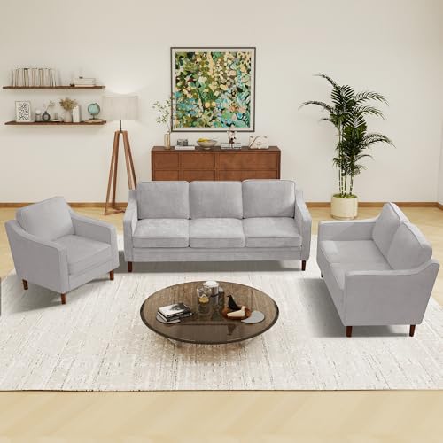 Image of Kingfun 3-Piece Sofa Set for Living Room, Mid Century Modern Couch with Loveseat and Chair, Chenille, Solid Wood Frame