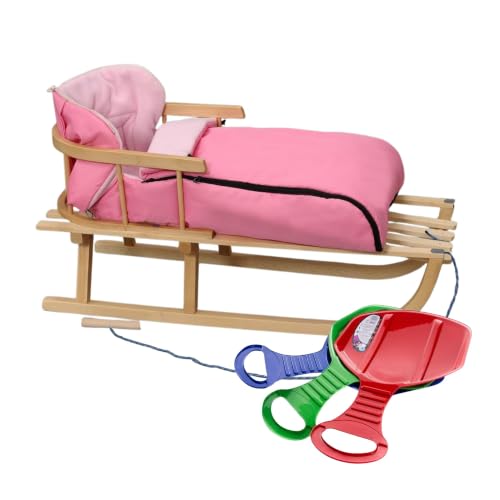 BirnePower Holzschlitten 90cm mit Rückenlehne und Winterfußsack 90cm in Rosa Komplettset inkl. Zugseil & Gurt Rodelschlitten aus Buchenholz (Rosa 90cm)