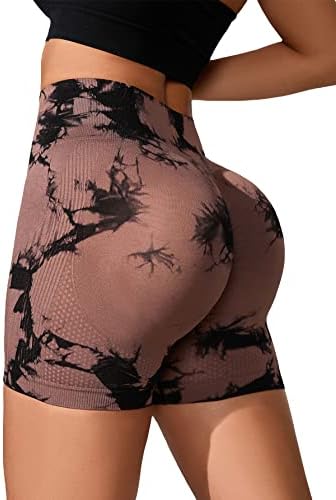 SOLY HUX High Waist Workout Shorts for Women Seamless Scrunch Butt Lifting Short Gym Cycling Biker Shorts Mocha Brown Tie Dye L