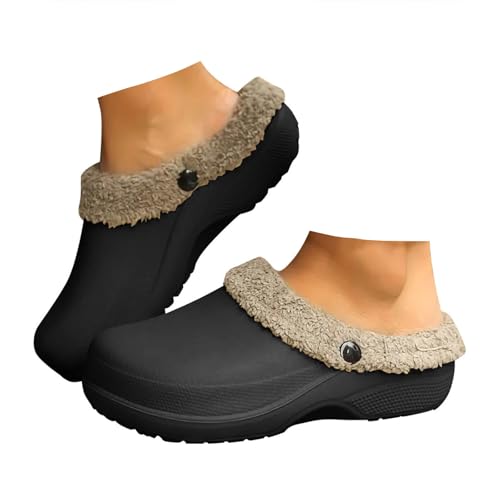 Xbemkste Zuecos con forro para mujer y hombre, invierno, cálidos, zapatillas impermeables con forro de pelo, pantuflas de felpa, zuecos de jardín acolchados, cómodos, antideslizantes, zuecos para