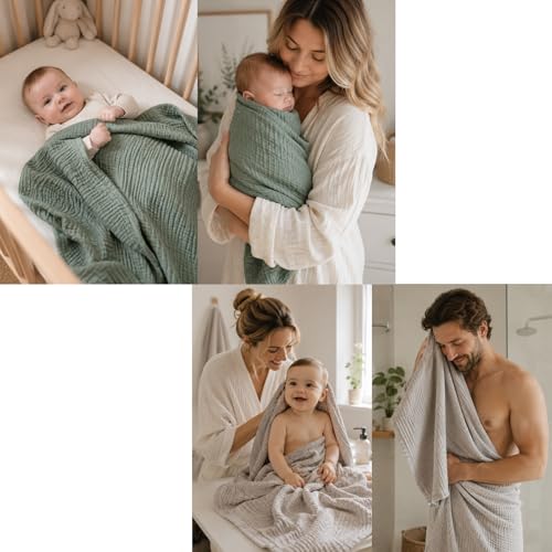 Image of Aablexema Muslin Baby Blanket Set of 2, Grey & Green | 6-Layer, 43 x 43 Inches, Newborn Toddler, Bath Towel Swaddle Wrap, For Boys Girls