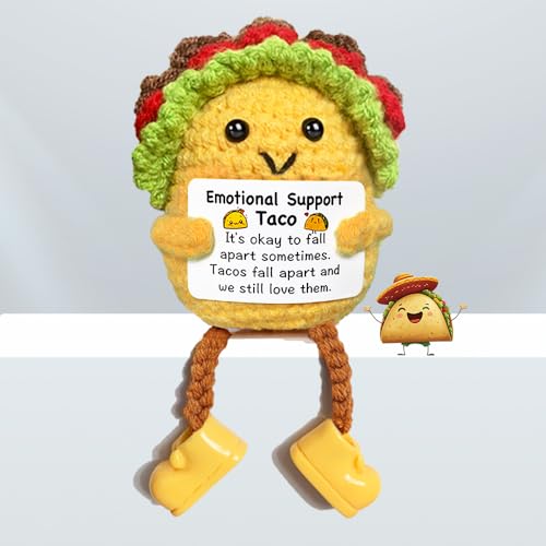 Mini Emotional Support Crochet Taco Gifts Positive Crochet Animals Taco for Women Friends Birthday Gifts Handmade Knitted Plush Stuffed Animals Funny Cute Encouragement Gift