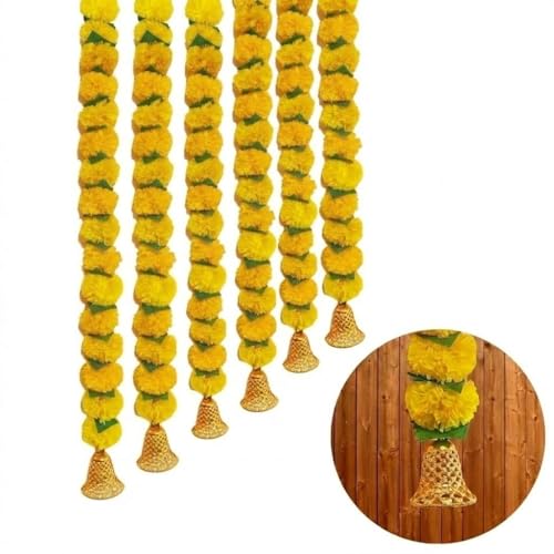 Image of Bindian Artificial Marigold Flower Toran 2.5 Ft Yellow with Leaf & Bells | Decorative Bandanwar for Diwali, Pooja, Wedding, Festival, Home Entrance & Wall Decoration (Pack of 10)