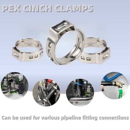 Image of 60 Pack 1 /2 Inch Pex Cinch Clamp Rings, Stainless Steel PEX Crimp Ring, Single Ear Hose Clamps for PEX Tubing Pipe Fitting Connections
