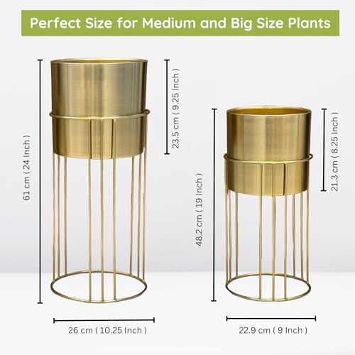 Image of Decorative Gold Metal Planters with Stand for Living Room | 24 inch & 19 inch (Height) x 10 inch & 9 inch (Diameter) | Modern Indoor Planters and Flower Pots Set of 2 (Gold)