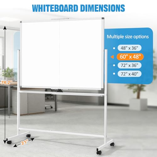 Image of Rolling Whiteboard 60 inch x 48 inch Sturdy Dry Erase White Board on Wheel