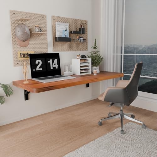 IAE Wall Mounted Folding Table with Pine Wood,Floating Wall Desk,Laundry Folding Table with Shelf Brackets,Fold Down Desk Shelf,Folding Workbench for Home,Dining,Laundry Room,Kitchen,36" x 14",Teak