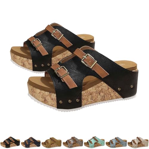 Women's Platform Wedge Sandals Faux Cork Footbed Sandals Comfortable Open Toe Casual Dressy Summer Beach Shoes 2026 New (Black,2