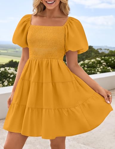 Image of ZESICA Women's Boho 2026 Summer Square Neck Puff Sleeve Off Shoulder Smocked Tiered Casual A Line Short Mini Dress